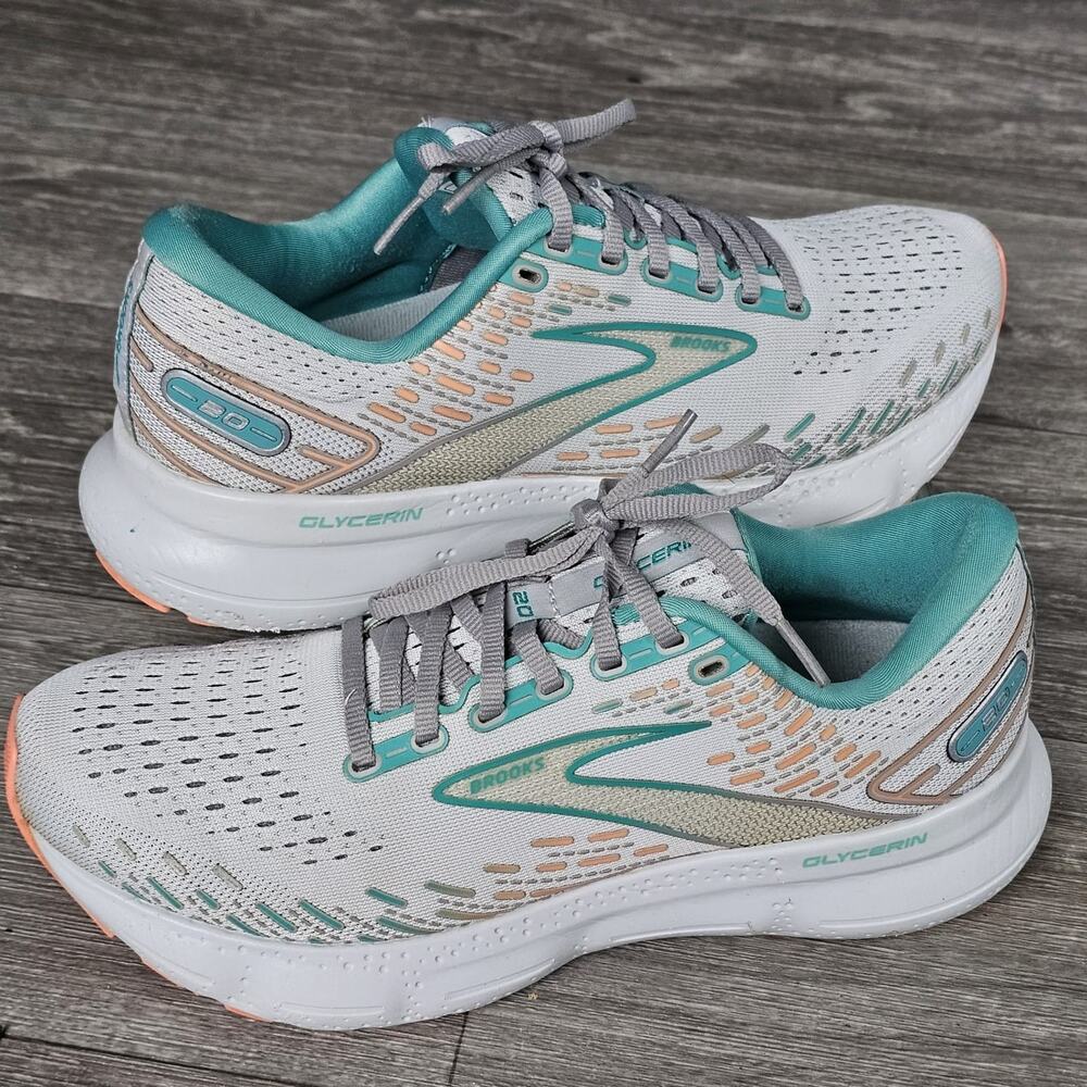 Brooks Glycerin 20 Athletic Running Shoes Womens 9.5B Gray Aqua Peach Low Top